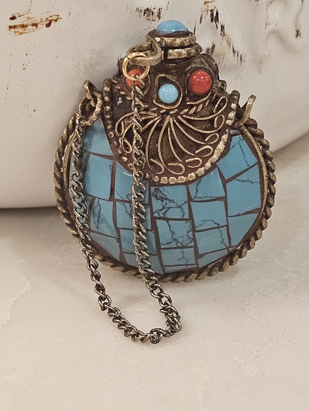 Vintage Tibetan Style Turquoise Mosaic Snuff Bottle Pendant Necklace - Picture 2 of 6